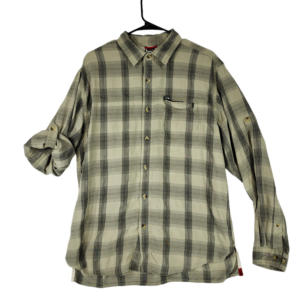 North Face Fishing Shirt M Men Long Roll Tab Sleeves Plaid Green Outdoors Hiking